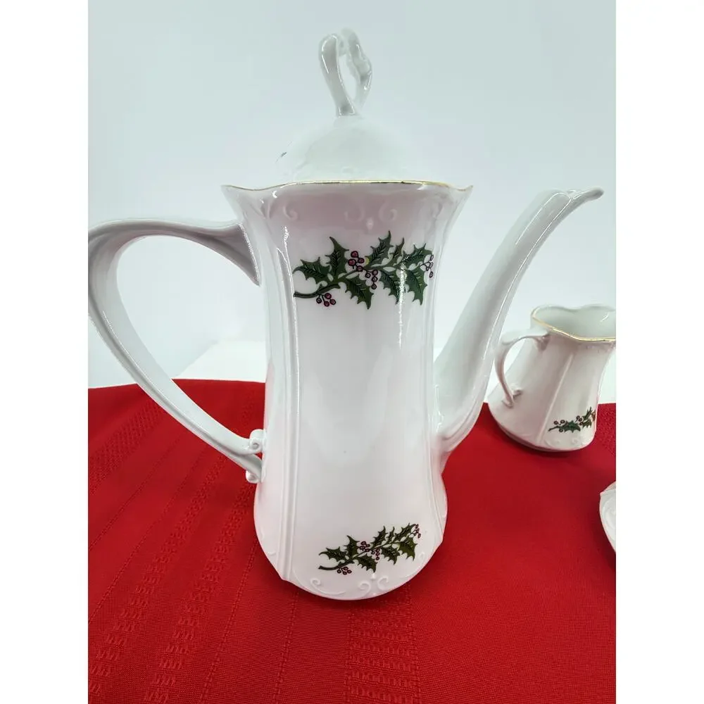 Chodziez Poland Holly Berry Coffee Pot Creamer Sugar Set Christmas Entertaining